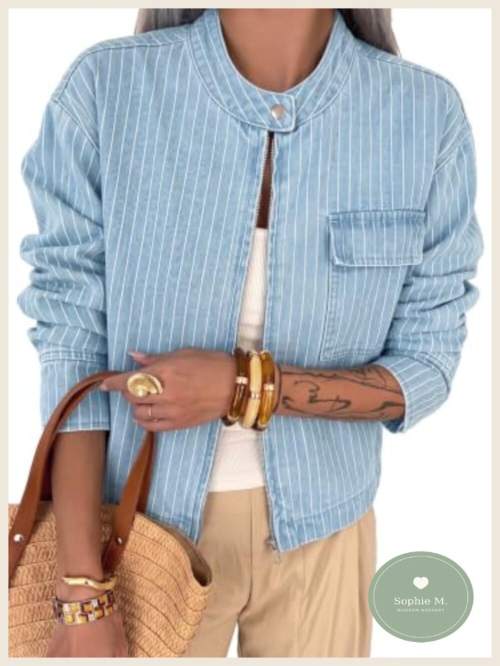 Striped Denim Jacket Women's Casual Zipper Button Long Sleeve Cotton